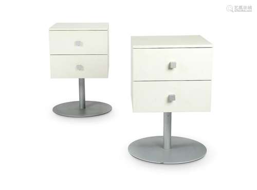 A pair of Aram ‘Cubo’ white laminate revolving bedside table...