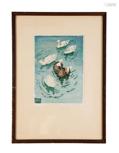 A Japanese wood block print of a carp and a German wood bloc...