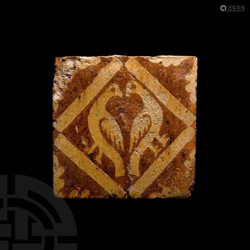 Medieval Glazed Floor Tile with Addorsed Birds