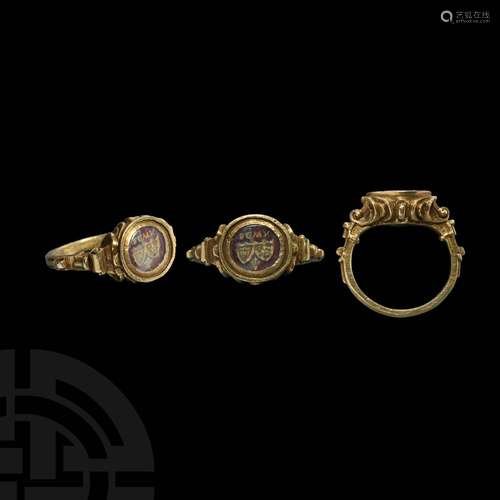 Tudor Age Gilt Silver Heraldic Signet Ring with Shields