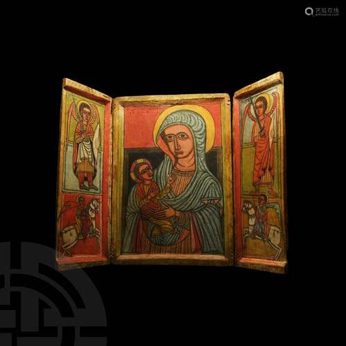 Very Large Ethiopian Triptych Icon of the Virgin and Child w...