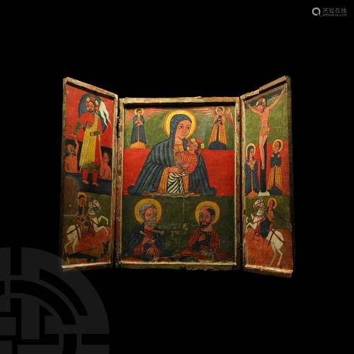 Very Large Ethiopian Triptych Icon of the Virgin Mary and Ch...