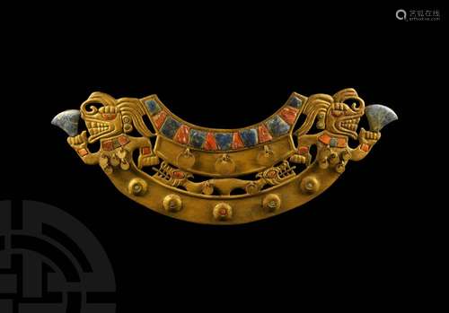 Prehispanic Moche Sican Gold Pectoral with Inlays