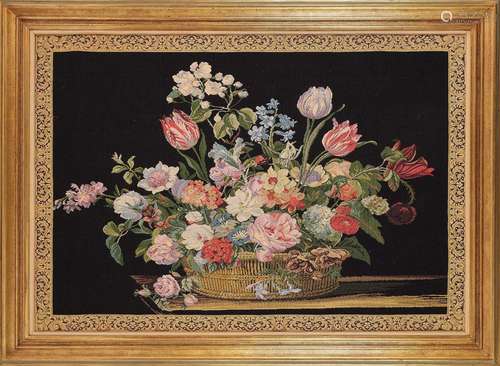 A large floral machine made tapestry in a plain moulded gilt...