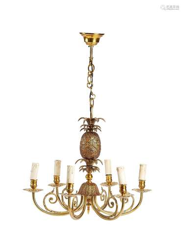 A gilt brass five light pineapple cast chandelier