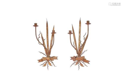 A pair of 1970's Spanish gilt metal stiff leaf twin-lig...