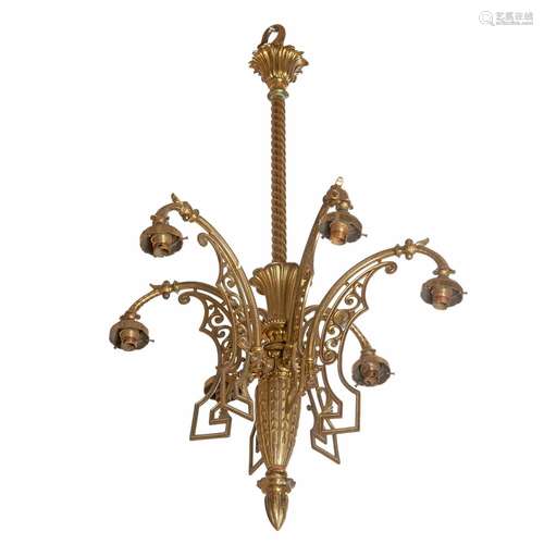 A late Victorian neo-Grec style gilt brass five light chande...