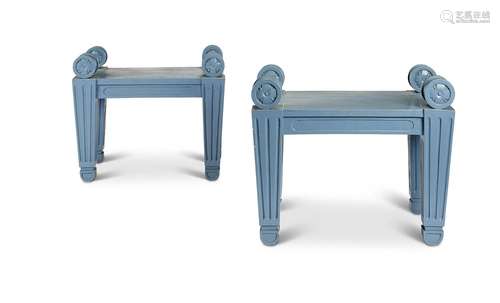 A pair of blue/grey painted Regency style hall stools in the...