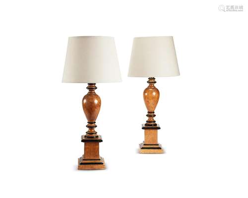 A pair of 20th century faux maple and ebonised table lamps p...