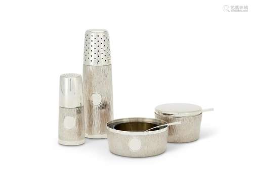 A modern silver 3-piece condiment set with bark finish by Ge...