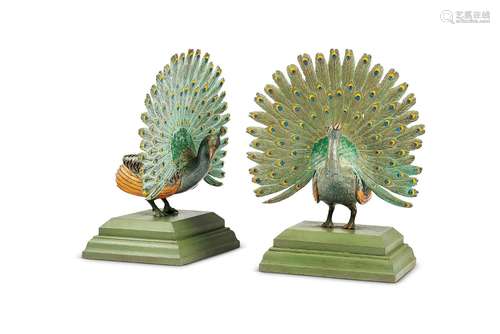 A pair of mid 20th century cold painted bronze peacock book ...