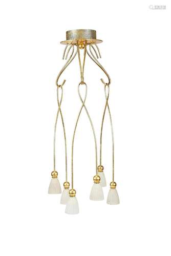 A 1950's gilt metal six light pendant chandelier