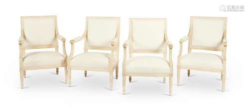 A set of four early 20th century Louis XVI style white paint...