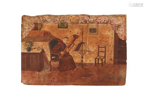 A painted panel of a monk playing a sarrusophone