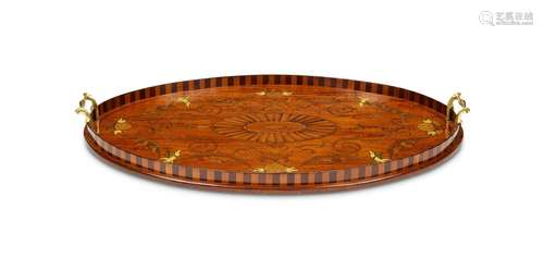 A late 19th century satinwood and marquetry oval tray