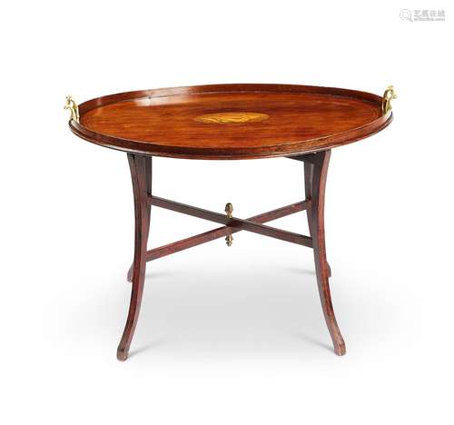 A George III mahogany and marquetry oval tray on later stand