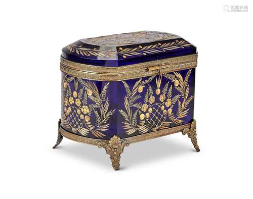 A 19th century French blue etched glass and gilded casket