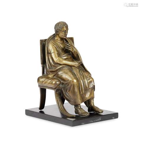 A late 19th century polished bronze figure of a seated Roman...