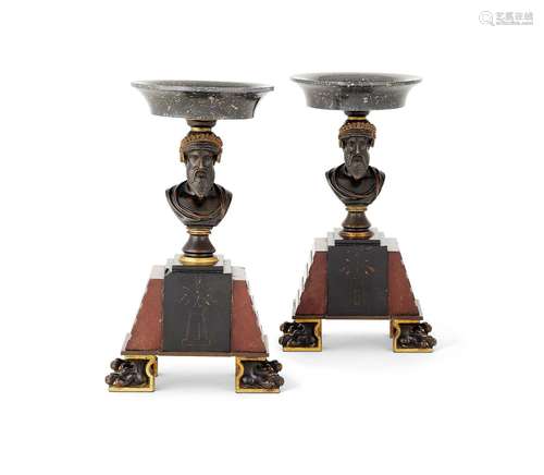 A pair of 19th century Neo-Grec marble, bronze and gilt bron...