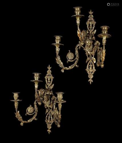 A pair of late 19th century gilt-bronze three-light wall app...