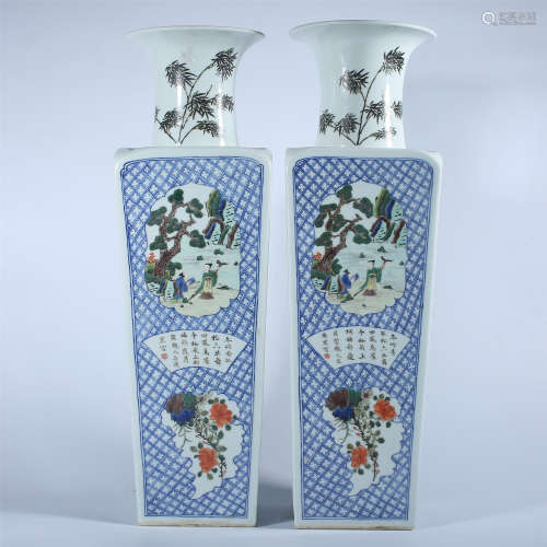 A pair of blue and white pastel square bottles in Qing Dynas...