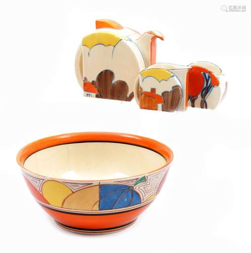 Clarice Cliff Art Deco earthenware tea set consisting of 3 p...