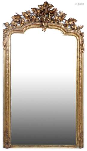 Antique gold-coloured crested mirror frame with mirror, h.21...