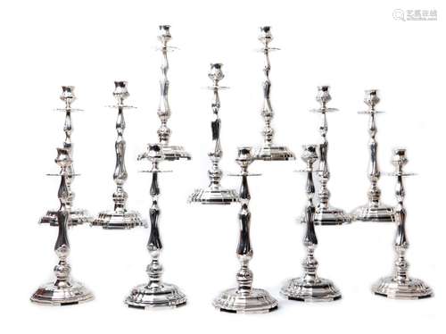 12 Louis Quinze-style silver candlesticks, h.33 cm, nine ste...