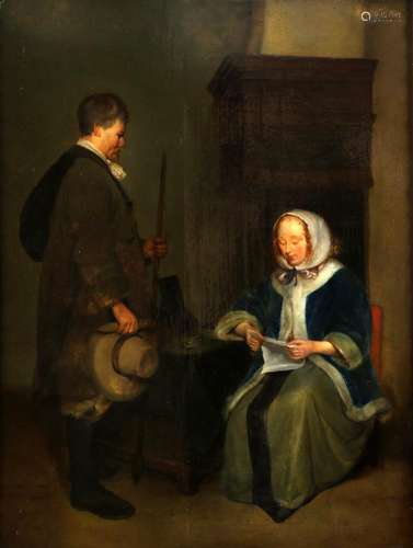 Unknown artist, Dutch School, Woman reading a letter in an i...