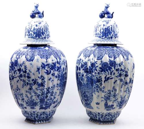 2 Antique Delft earthenware vases decorated with flower bask...