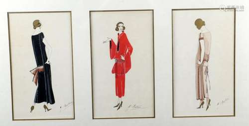 J. Neston, Art Deco women, 3 hand-signed gouaches, 17 x 30 c...