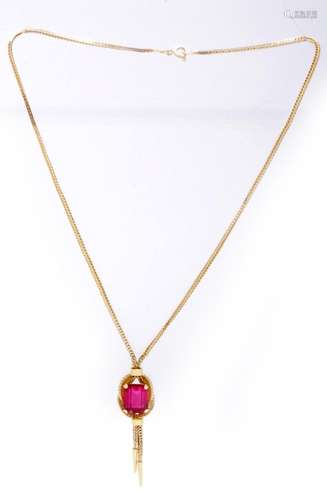 18K yellow gold necklace with an emerald cut ruby, 14.97 gra...