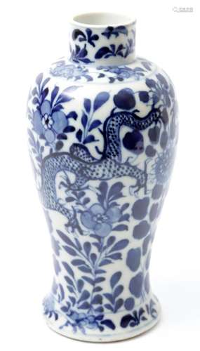 Blue/white Chinese porcelain vase with dragons and flowers d...