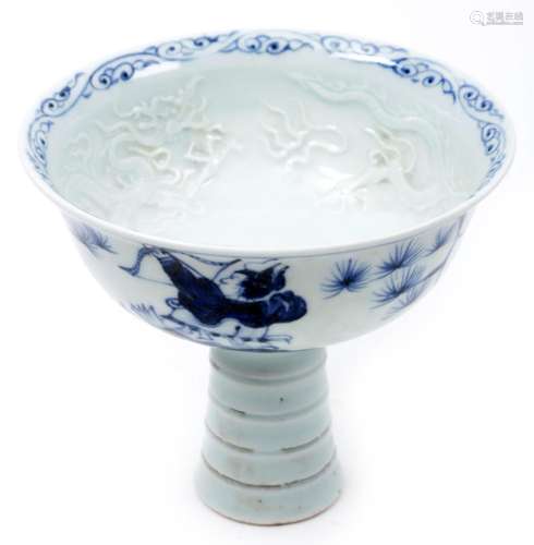 Blue/white Chinese porcelain stem cup with warrior decoratio...