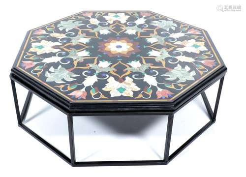 Metal 8-sided coffee table inlaid with multicolored marble t...