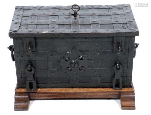 Antique Nürnberger money box, 17th century, on matching wood...