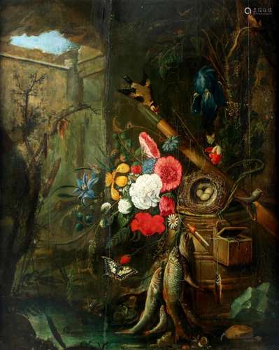 Unclear signature, Still life with fish, birds, flowers, etc...