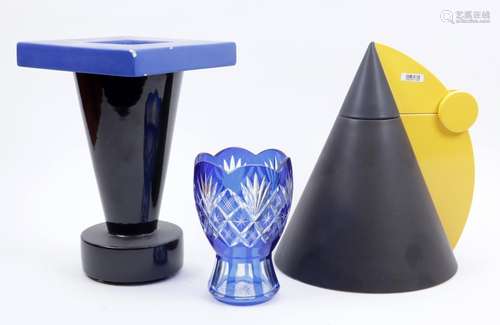 Various earthenware vases and a bohemian crystal vase