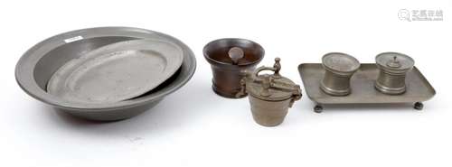 An antique mortar, closing weight and various tin