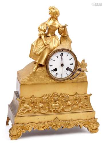 Ormolu bronze and copper mantel clock, with a resting lady o...