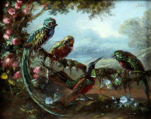 Unclear signature, Birds in nature, oil on panel, h.18 x w.2...