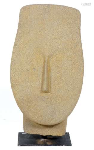 Hand-cut hard stone mask resting on a metal pedestal, h.80 x...