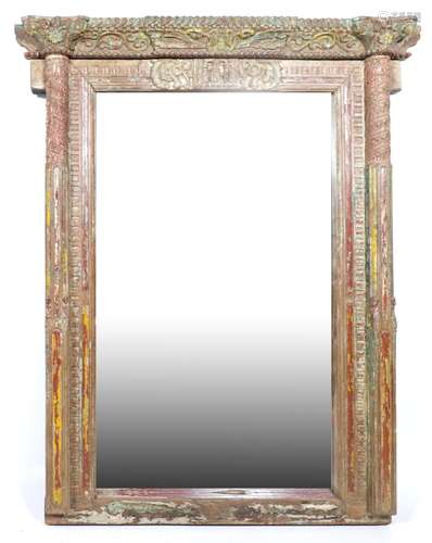 Polychrome wooden crest column mirror frame with mirror, h.2...