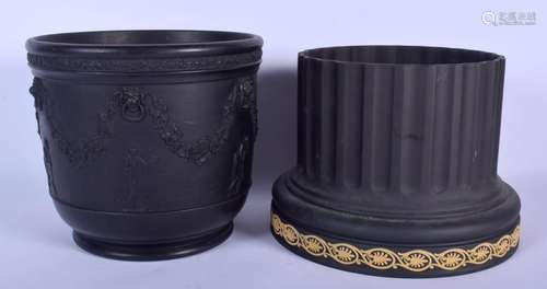 TWO WEDGWOOD BLACK BASALT JARDINIERES one with column base a...