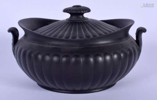 A WEDGWOOD BLACK BASALT TWIN HANDLED SUGAR BOX AND COVER wit...