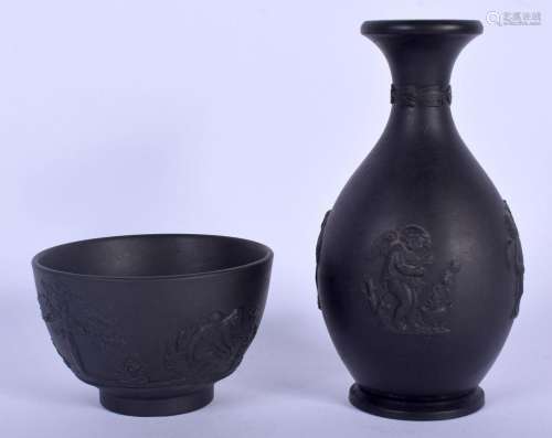 A 19TH CENTURY WEDGWOOD BLACK BASALT VASE decorated with fou...