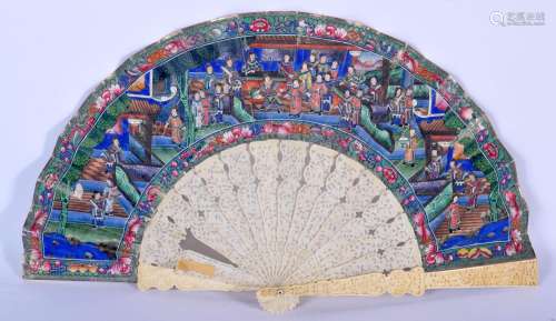 A MID 19TH CENTURY CHINESE CANTON IVORY FAN painted with por...