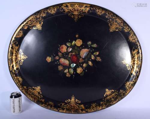 A LARGE VICTORIAN BLACK LACQUER PAPIER MACHE TRAY decorated ...