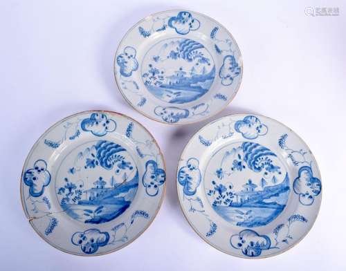 THREE 18TH CENTURY ENGLISH DELFT BLUE AND WHITE PLATES paint...