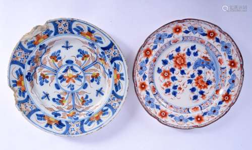 AN 18TH CENTURY DELFT POLYCHROMED FLOWER PLATE together with...